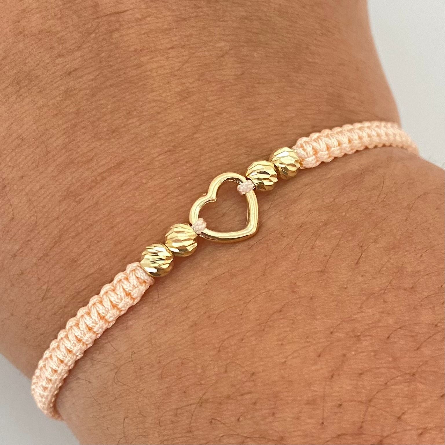 Pulsera tejida herraje silueta corazón balines diamantados #4 Oro amarillo 18k 0,75 Gr